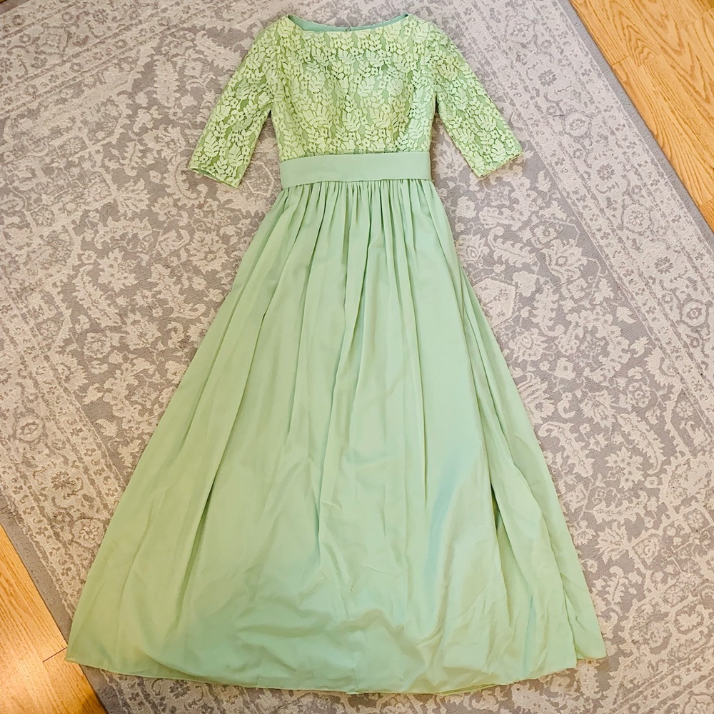 Green chiffon & lace bridesmaid gown